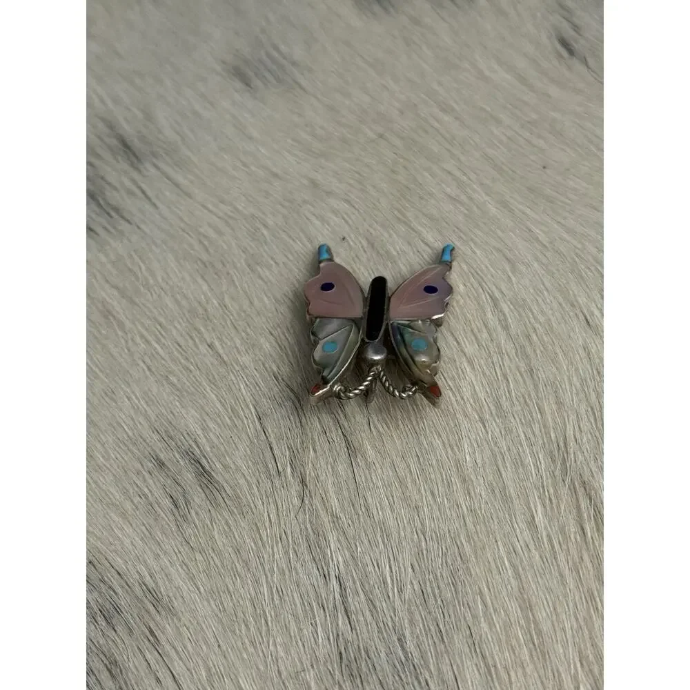 Zuni Sterling Silver VE inlay Butterfly Pendant Pin Turquoise Coral Shell Onyx